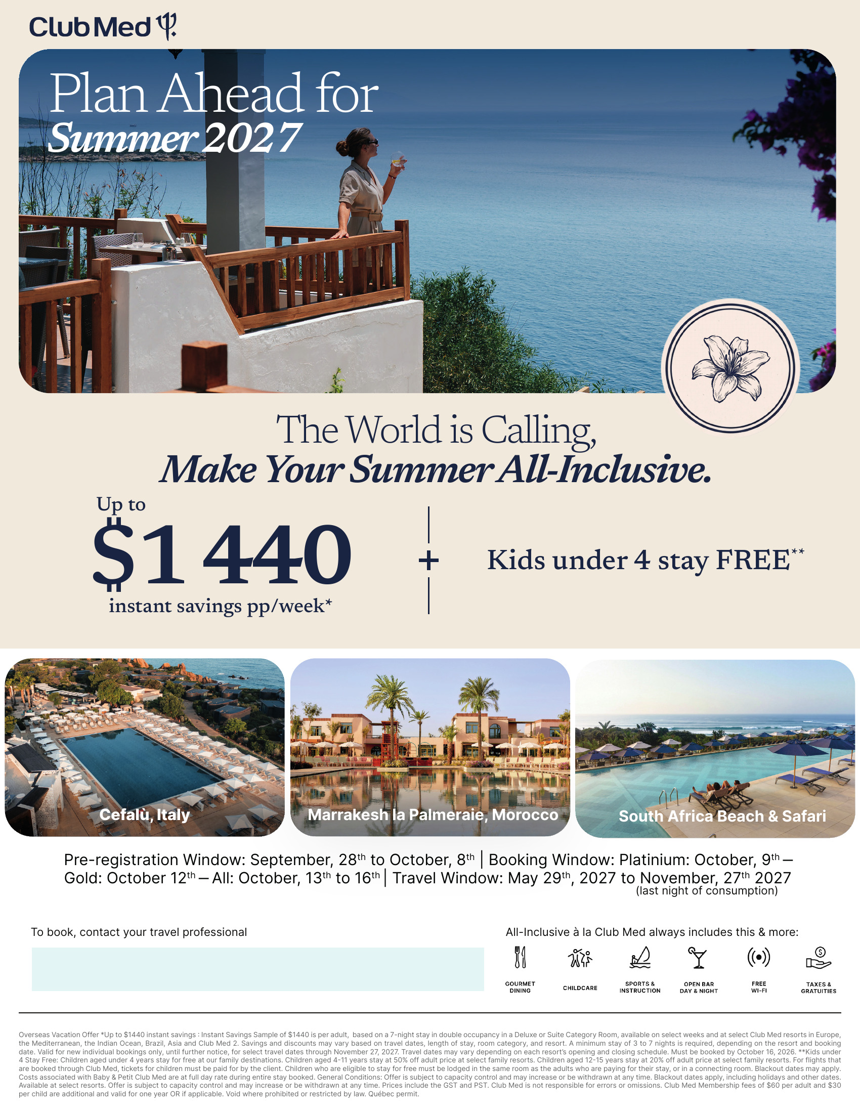 Club Med summer 2027: pre-registration September 28 to October 8, 2026, all-inclusive resorts in Cefalù, Marrakech and South Africa, with Voyages Aqua Terra Hautes-Laurentides