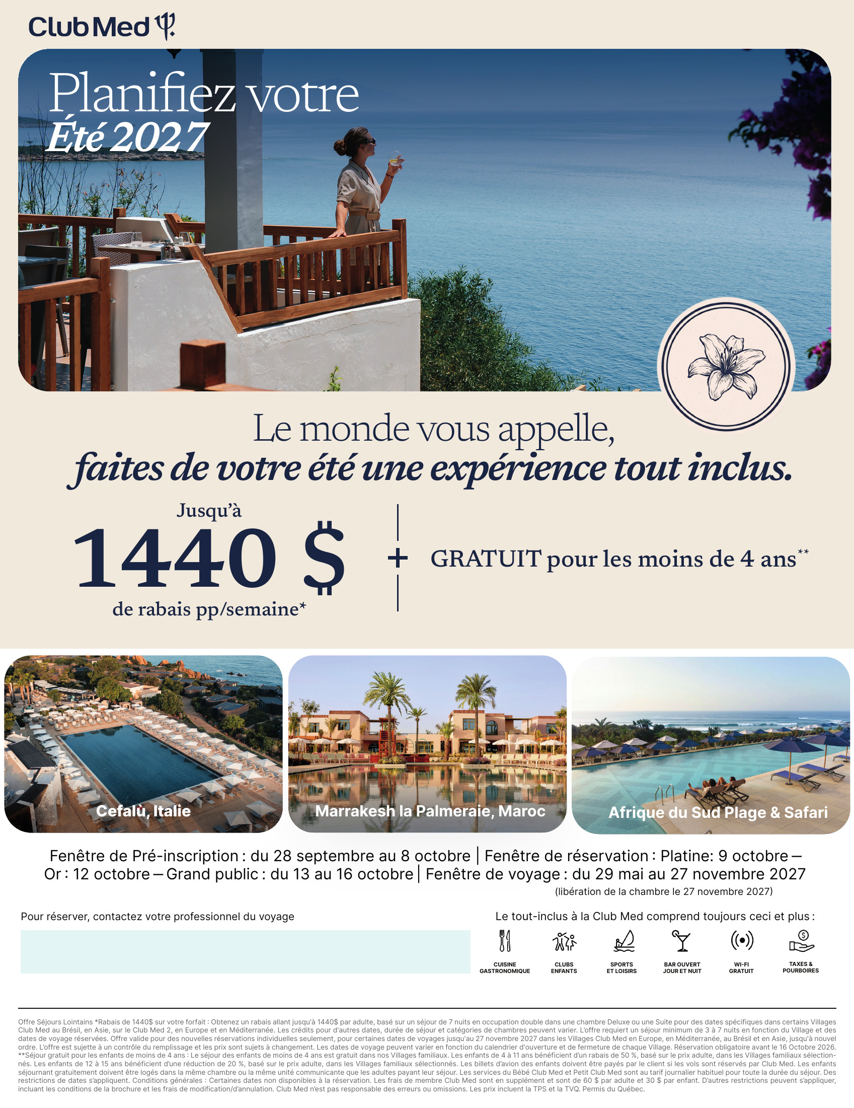 Club Med été 2027 : pré-inscription du 28 septembre au 8 octobre 2026, villages tout inclus à Cefalù, Marrakech et en Afrique du Sud, avec Voyages Aqua Terra Hautes-Laurentides