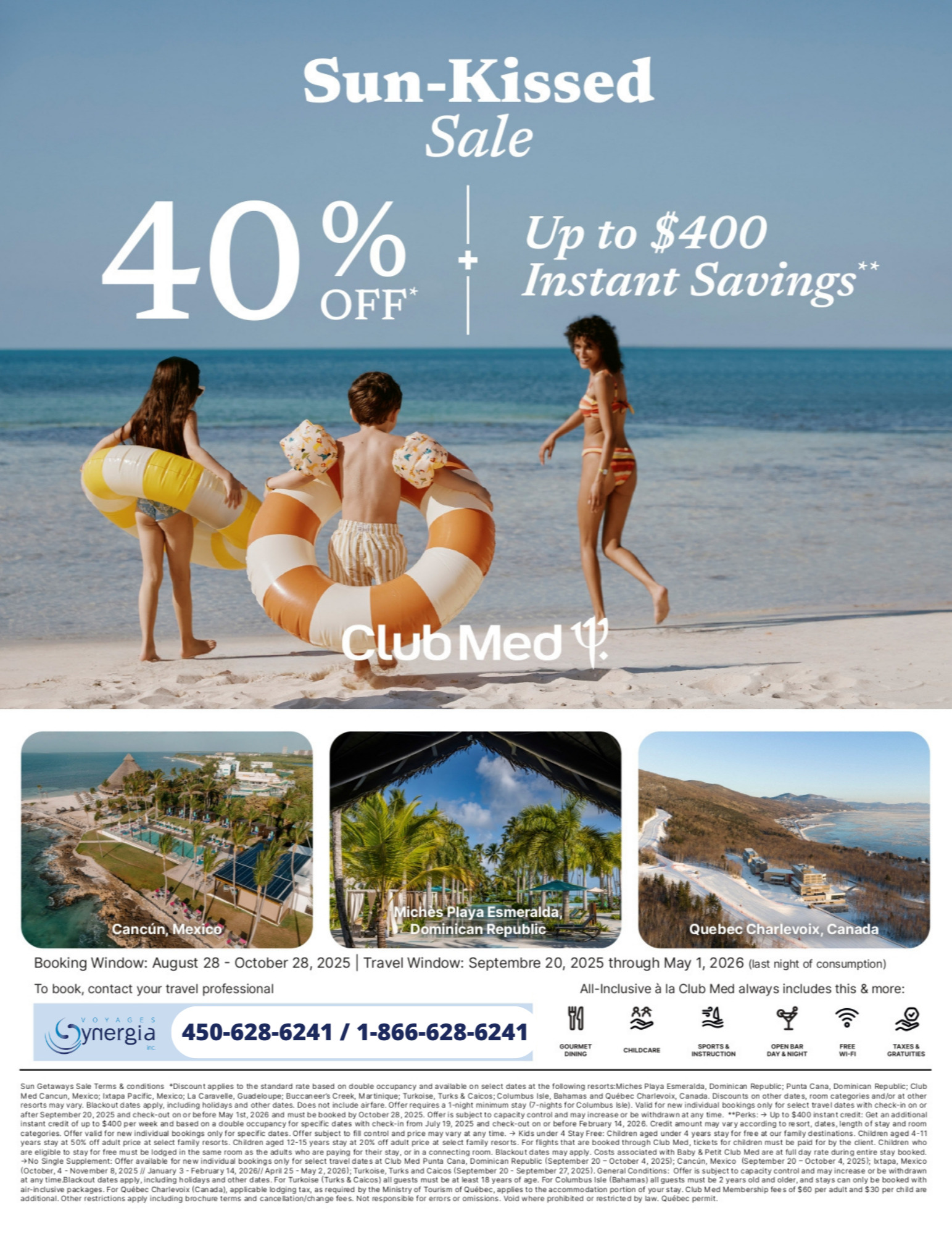 Promotions Club Med Offre Ensoleillée 40% de rabais + 400$ de rabais instantané avec Voyages Aqua Terra CLUB MED PROMOTION Flyer SECTION-1 EN