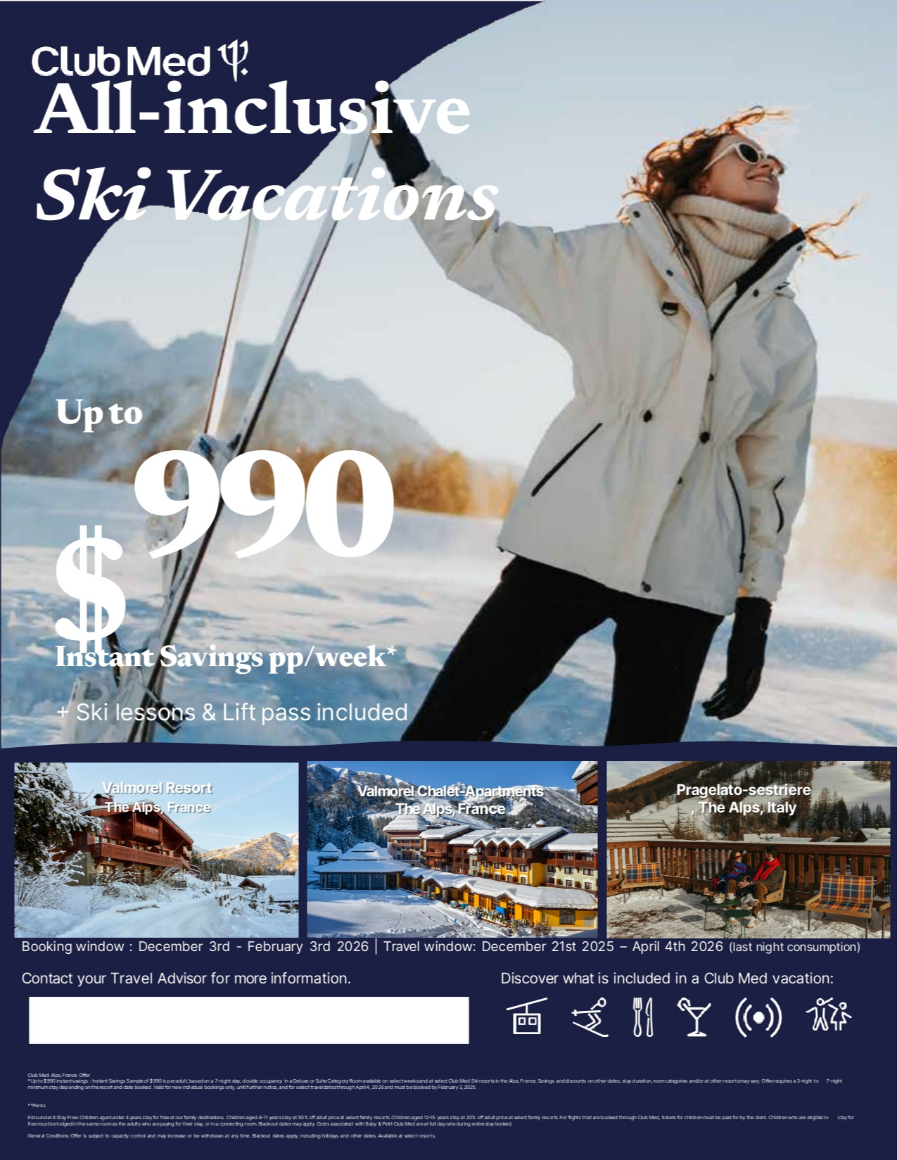 Club Med Promotions All-inclusive Ski Vacations Up to 990$ Instant Savings off with Aqua Terra Travel Hautes-Laurentides