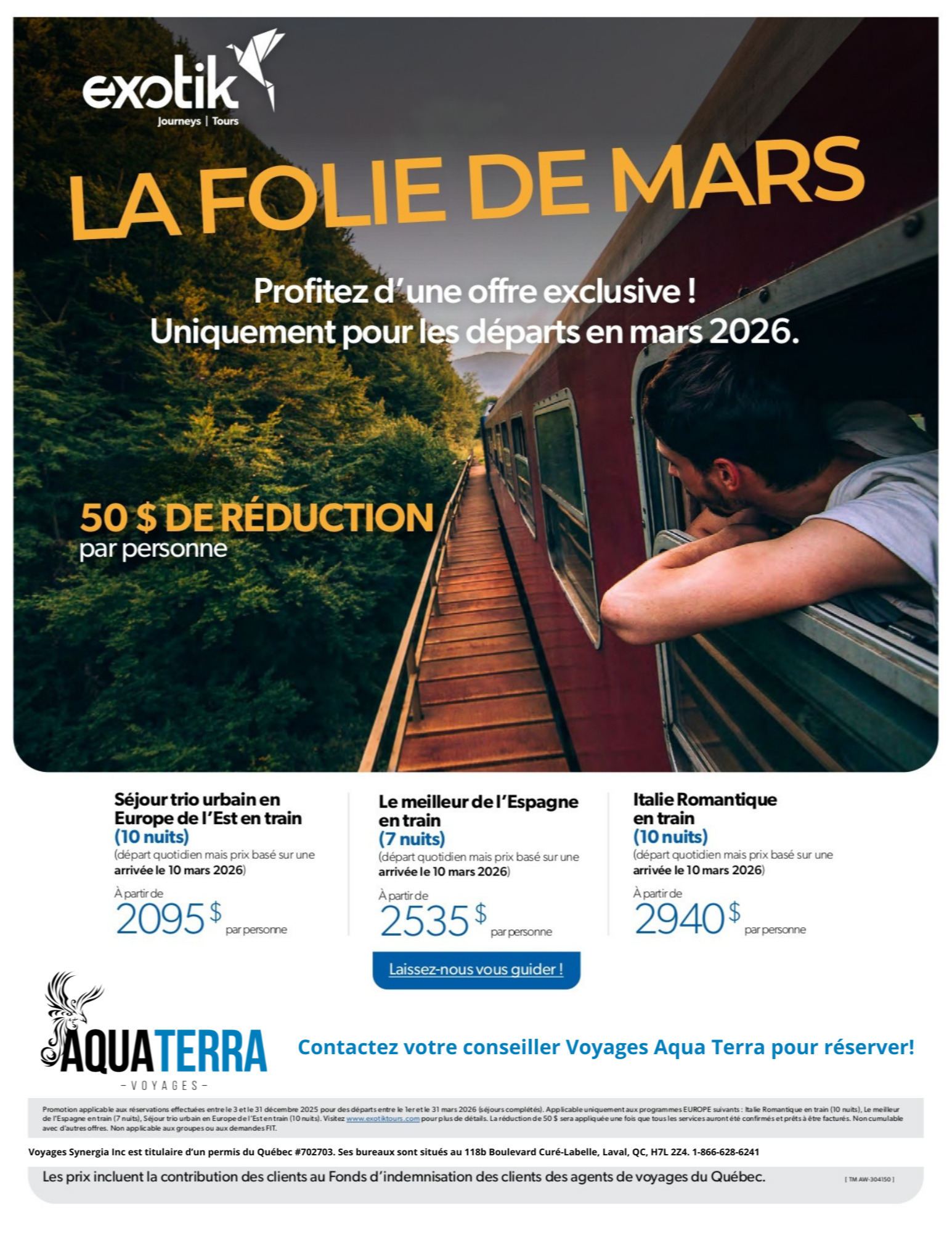 Promotion Exotik Tours 50$ de réduction par personne avec Voyages Aqua Terra Hautes-Laurentides