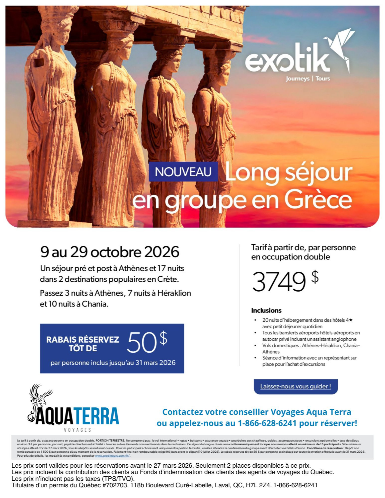Exotik Tours Promotion: Extended group stay in Greece (Athens, Heraklion, Chania) with Aqua Terra Voyages Hautes-Laurentides