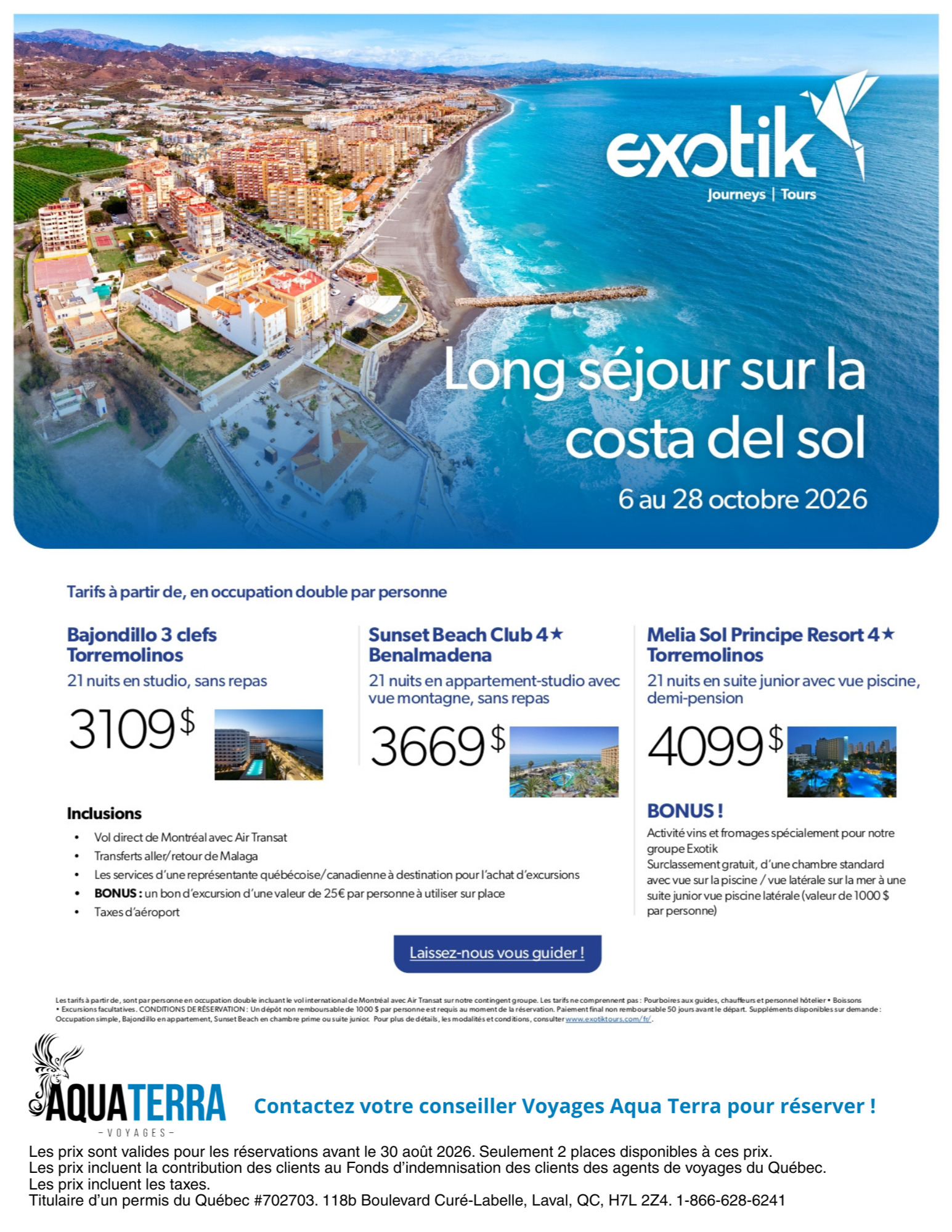 Promotion Exotik long séjour sur la costa del sol avec Voyages AquaTerra Hautes-Laurentides