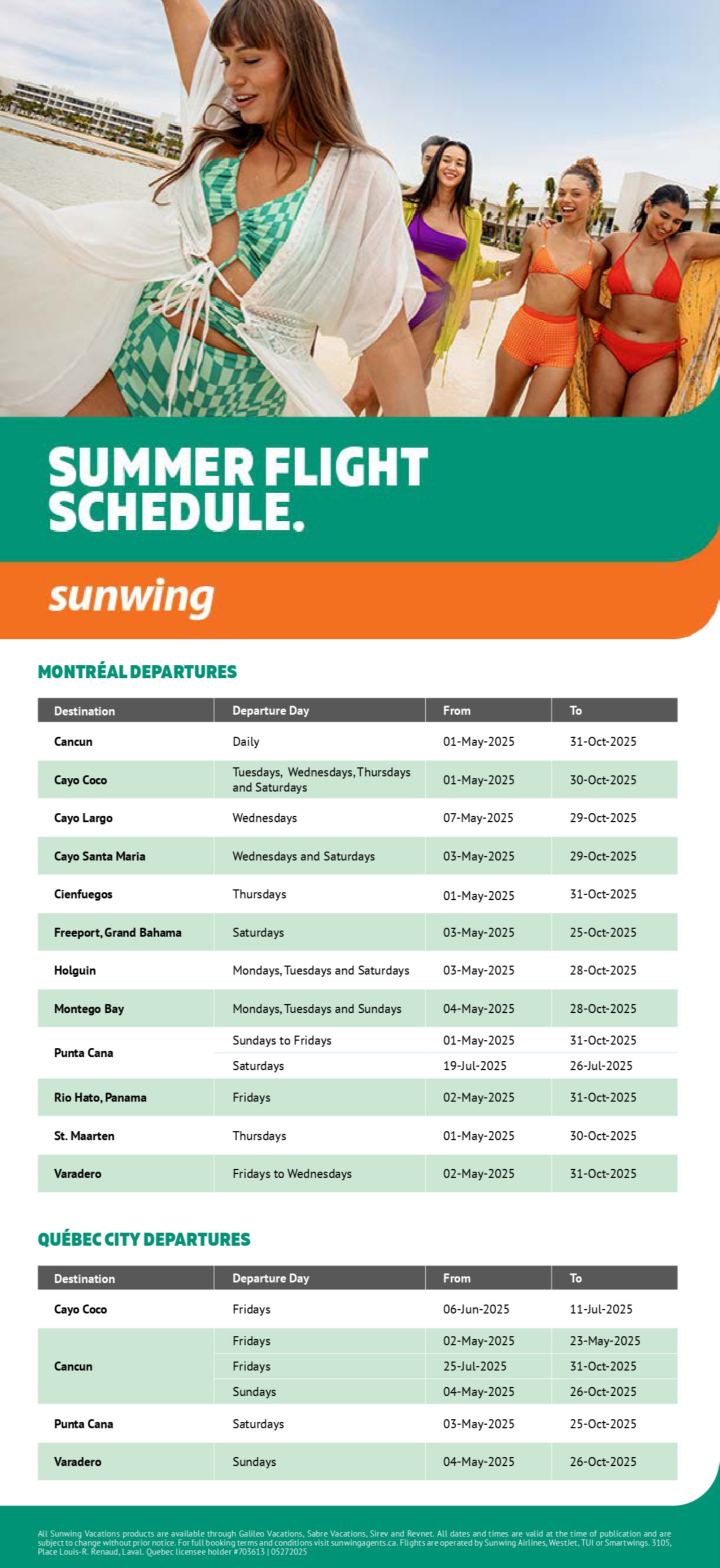 Sunwing Vacations summer flight schedule with Voyages Hautes-Laurentides